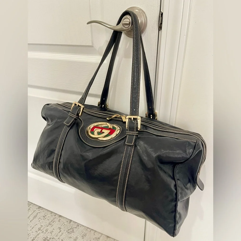 Gucci Black Dialux Britt Leather Boston Bag with Gold Hardware. COA. - Picture 1 of 13